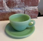 Vtg Fire-King Jadeite OVEN GLASS  C Handle Cup+ Saucer SET Heavy Duty Rare