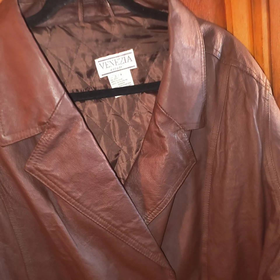 复古 70 年代皮革真皮风衣夹克纽扣女式 14 码 (32w) — 第 3/4 张图片