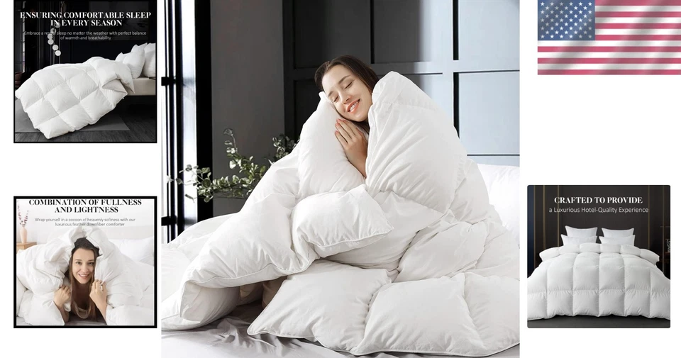 King Size Feather Down Comforter, White Luxury Bedding - Image 2 of 4