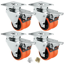 2" Double Wheel Casters with Brake 4 Pack  Orange TPE, Heavy Duty, Non-Markin