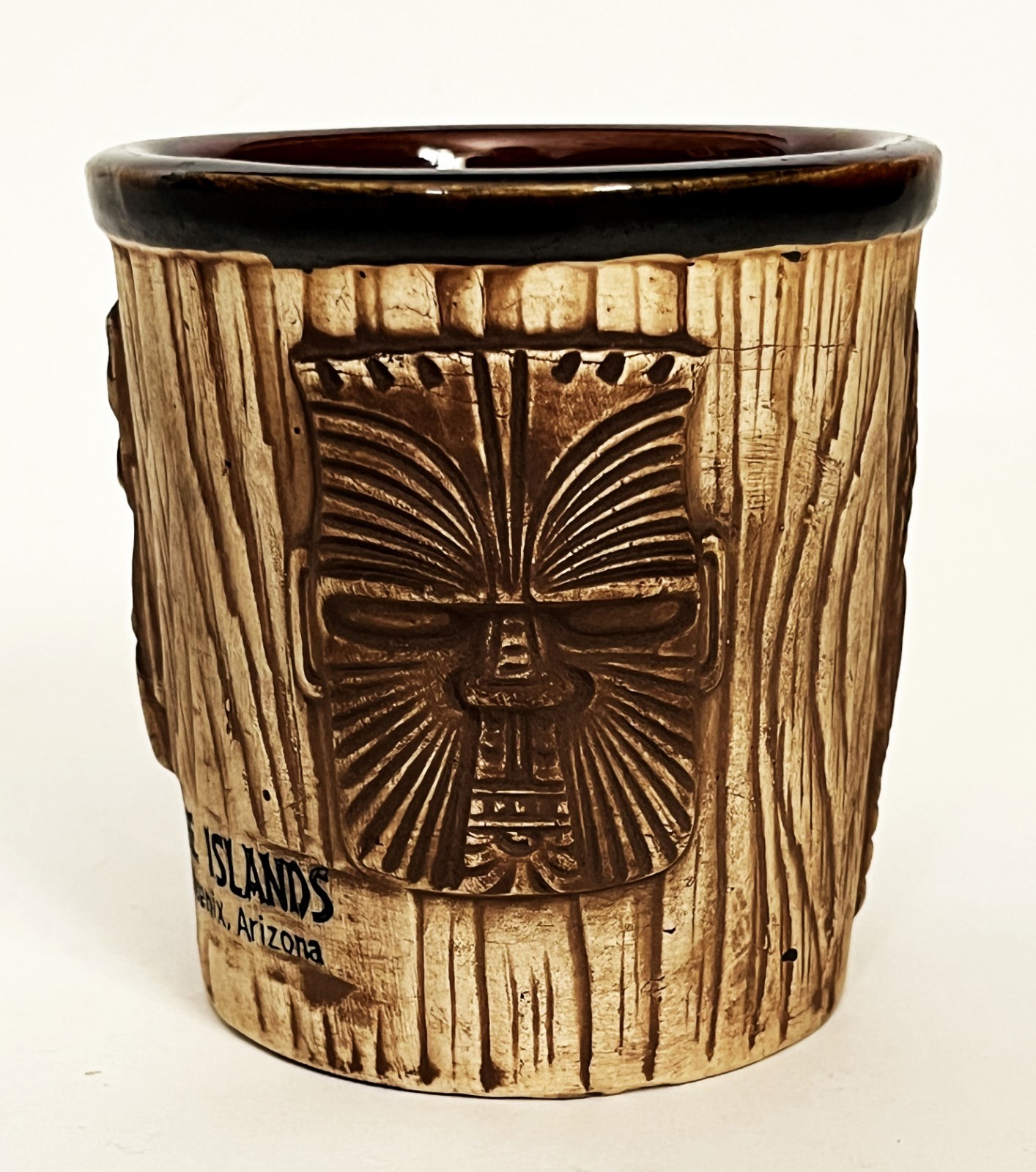 VTG 3 FACES BROWN TIKI MASK PLANTER BUCKET MUG CUP ISLANDS PHOENIX AZ OMC JAPAN