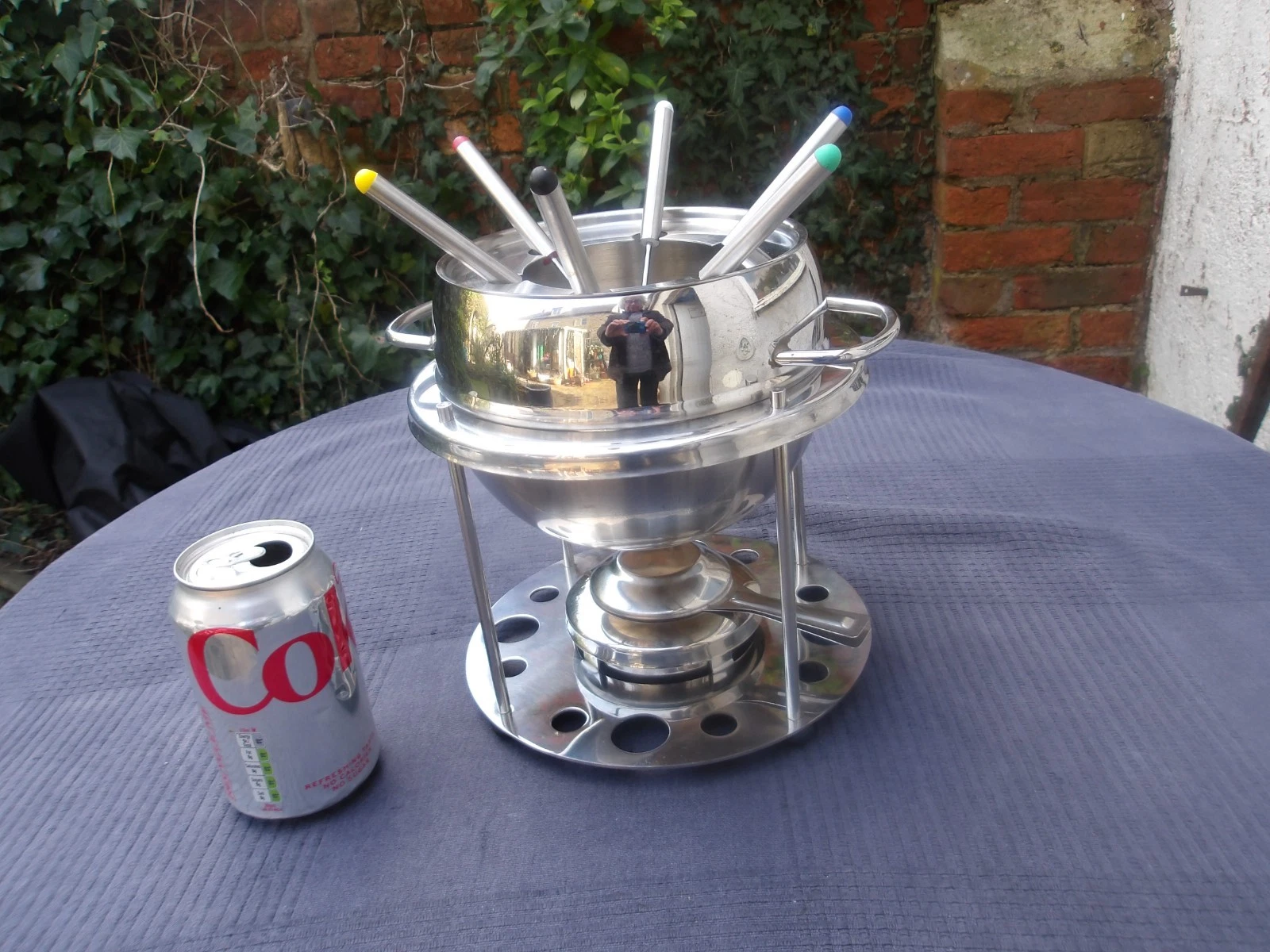 Stainless Steel Fondue Set inc Burner & Coloured Ends Forks -Cheese or Chocolate