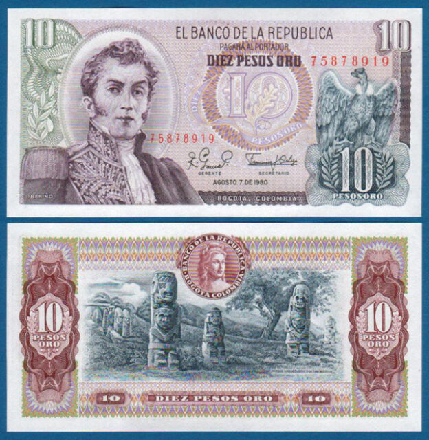 KOLUMBIEN / COLOMBIA 10 Pesos Oro 1980 UNC P.407 g