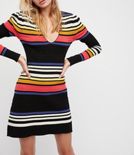 $148 FREE PEOPLE BLACK STRIPED LONG SLEEVE GIDGET SWEATER MINI DRESS Sz S