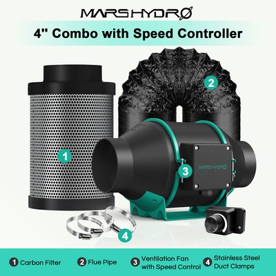 Mars Hydro 4''/6'' Inline Ventilation Fan Kits Ducting Carbon Filter Grow Tent