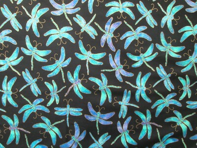 Dragonfly Dragon Fly Grns Blue Purple Metallic Gold Thread Cotton Fabric FQ 