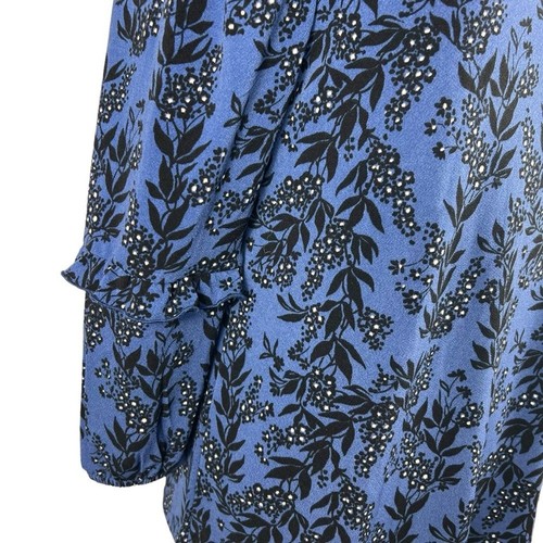 New Adrienne Vittadini Pullover Blouse Medium High Neck Floral Blue Black - Picture 4 of 12