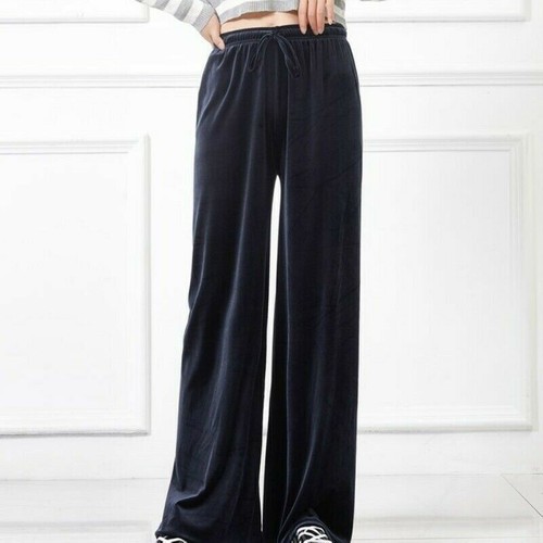 Donna Velluto Palazzo Pantaloni Gamba Larga Vita Alta Coulisse Elegante |  eBay