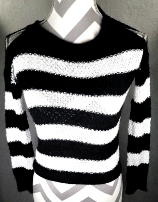 Justice Girls Size 8 Cold Shoulder Sweater Black White Striped Glitter Knit Top - Image 1 of 4