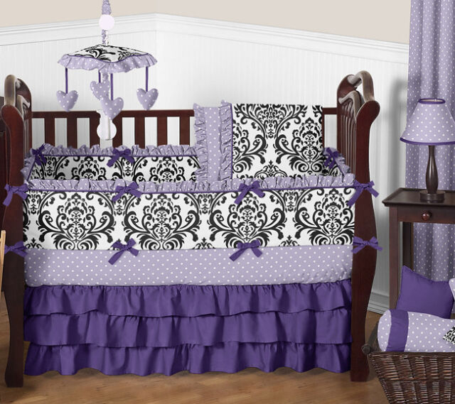 purple and gray baby bedding