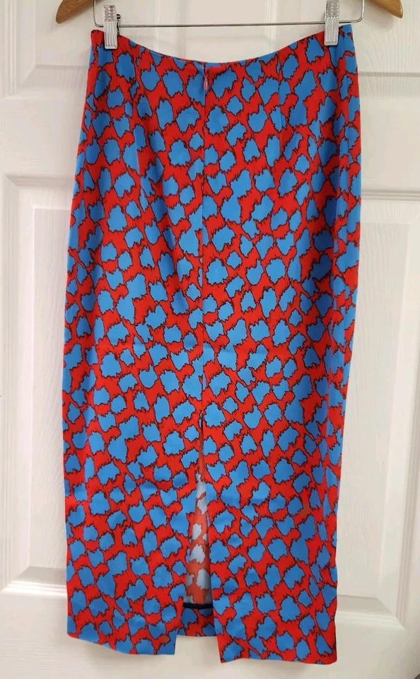 Diane Von Furstenberg Women's Printed Pencil Midi Skirt Slit Red Blue Size 4 - Image 2 of 4