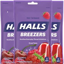 HALLS Breezers Throat Soothing Cool Berry Throat Drops 3 Packs of 25 Drops (75)