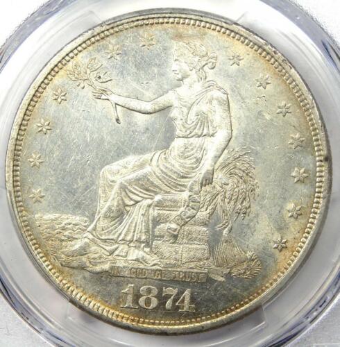 1874-CC Trade Silver Dollar T$1. PCGS Uncirculated Detail (MS UNC) - Nice Luster - Afbeelding 1 van 5