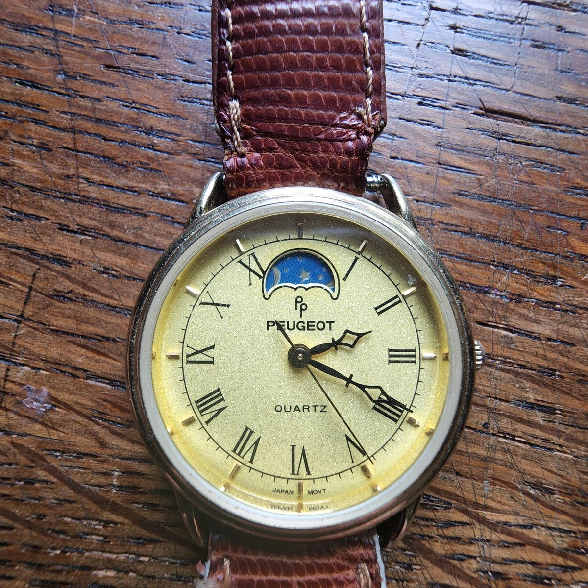 Vintage Peugeot Moon Phase Unisex Watch Gold Tone Leather Strap eBay