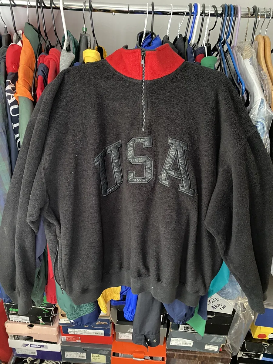 Vintage Polo sport Men half zip front BLK Leather USA/Flag fleece Sz XL 90s