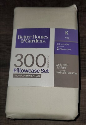 300 Count Better Homes & Gardens 2 King Pillowcases 100% Cotton Sateen VANILLA 