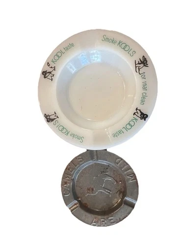 Vintage Cigarette Advertising Ashtrays KOOL Milk Glass & Camel Metal Tobacciana