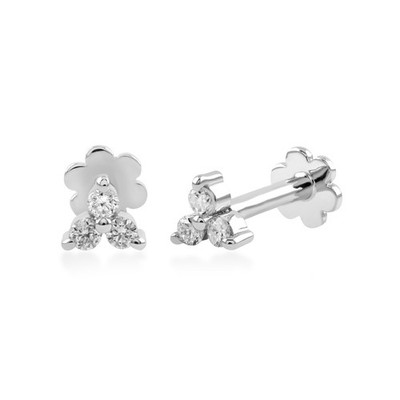 Massive 14K Weißgold echte Trio Diamant Dreieck Ohrstecker mit Blume flacher Rückseite