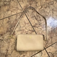Tory Burch Beige Small Crossbody Bag Gold Hardware Logo Accent Zip Closure