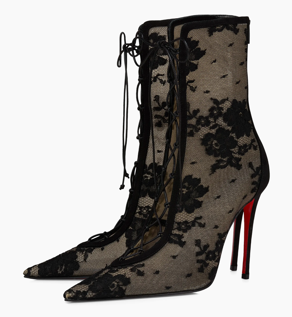 Christian Louboutin KM Lace Booty 100 Black Mesh Lace Up Ankle
