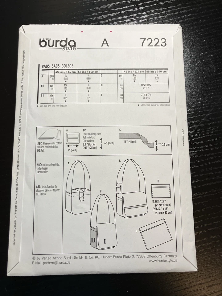 Burda Pattern 7223 Unisex Shoulder Bags Various Styles Uncut FREE SHIPPING - Image 2 of 2