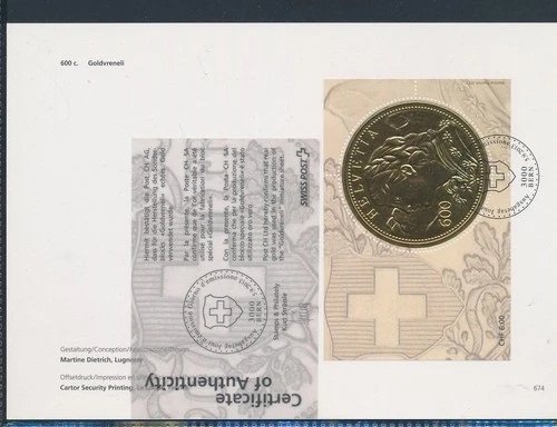XE60663 Switzerland gold foil Helvetia goldvreneli certified FDC used