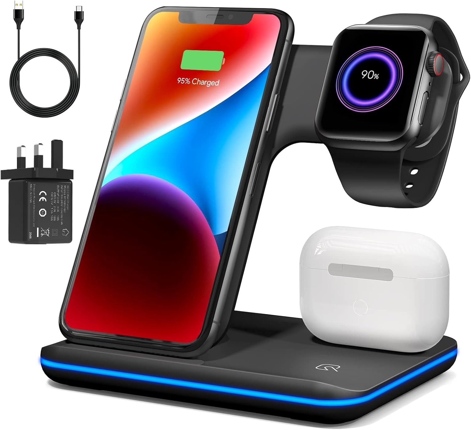 Black 3 in 1 Wireless Charging Station for QI Mobile device & Airpords & Watch