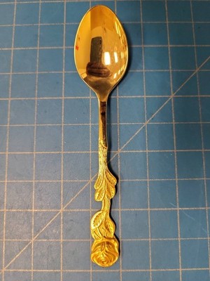 Vintage Gold Tone Rose Handle Demitasse Spoon Stainless Steel Japan HIQ Flower