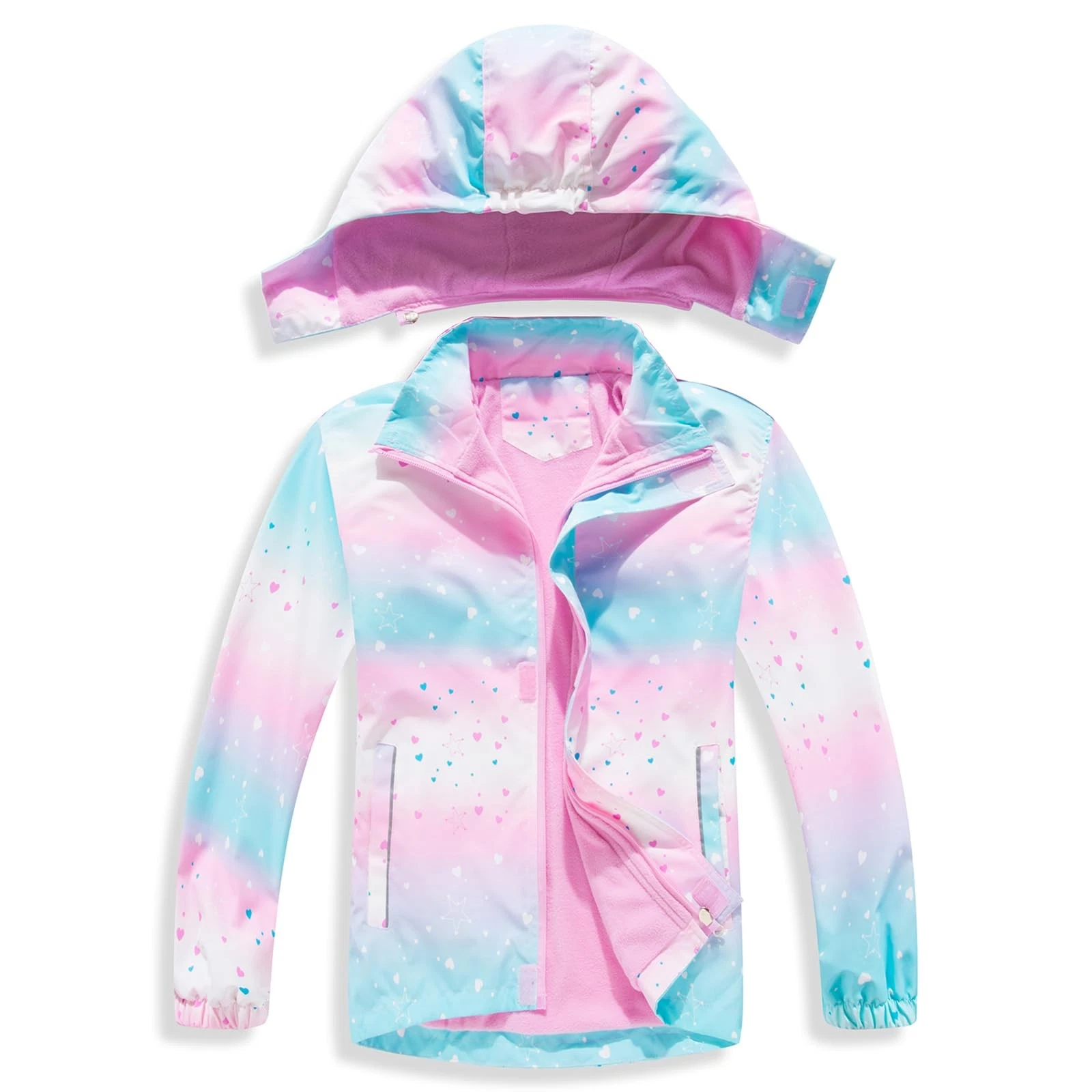 Boys Girls Rain Jacket Lightweight Waterproof Hooded Fleece Lined Raincoat