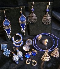 Royal Lapis Blue & Silver Tone Lot Of 12 Fashion Earrings Mixed Bead Rhinestone