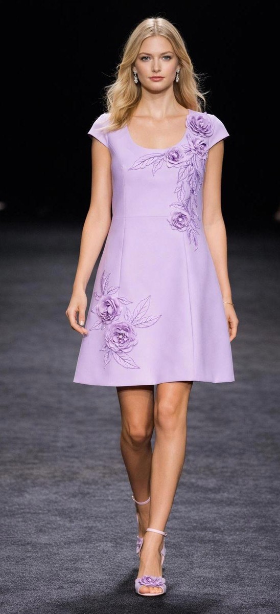 Badgley Mischka Lilac Floral Appliqué Cocktail Dress Designer Sz 4 Cap Sleeve