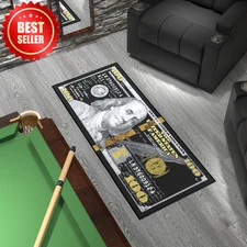 100 Dollar Bill Money Rug 22x53in Black Gold Non Slip Area Mat Bedroom Decor