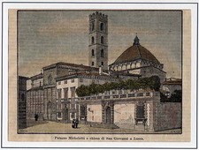  Palazzo Micheletti e chiesa di S. Giovanni a Lucca - xilografia originale '800