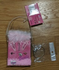 NEW in package Barbie Hair Clips Gift Bag Purse Silvertone Princess Bracelet