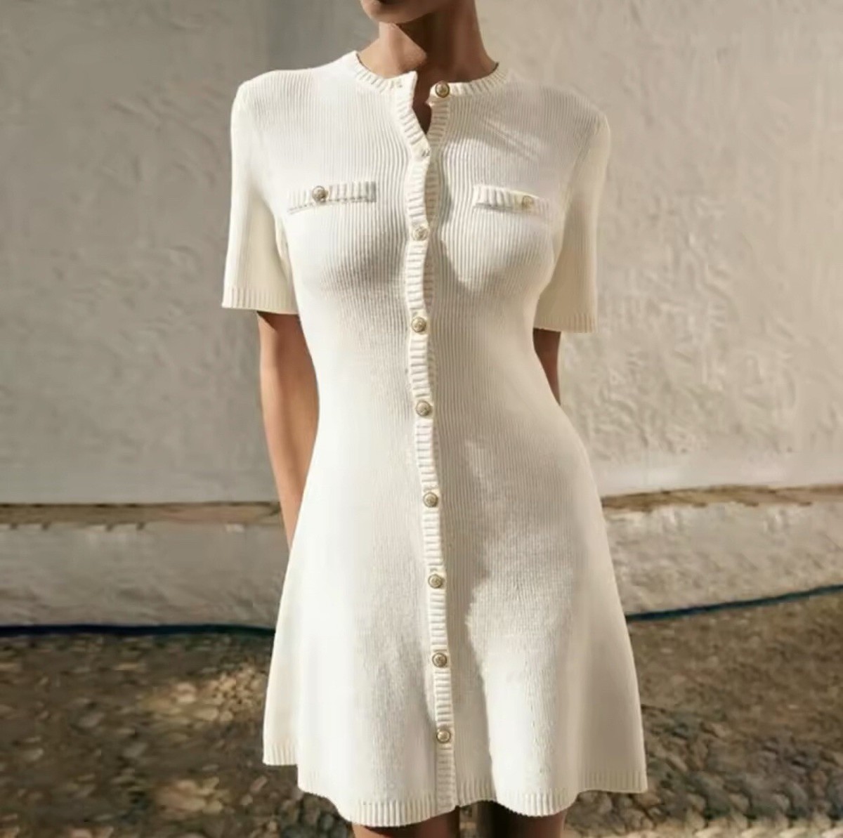 White Elegant Knitted Mini Dress, Gold Button Up Short Dress