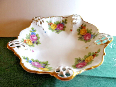 Rosenthal Moliere Durchbruchschale Obstschale auf Füßen, Blumendekor, Goldrand,