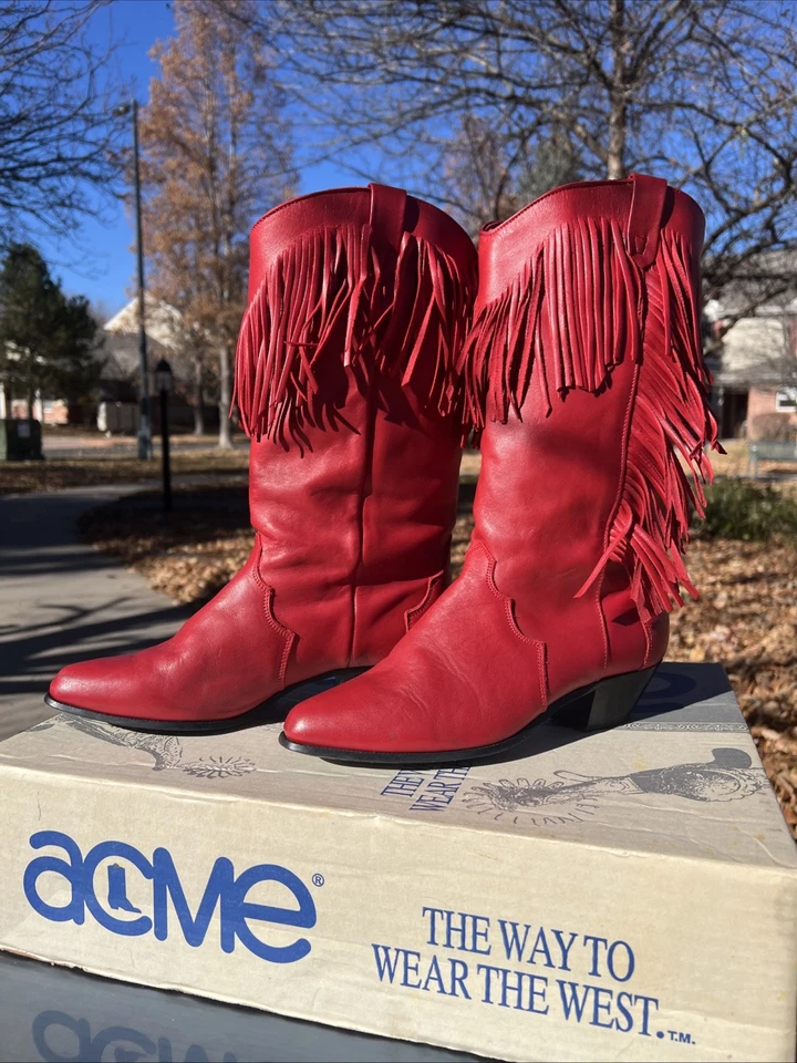 IMPRESIONANTES BOTAS DE VAQUERO DE COLECCIÓN de flecos rojos Acme Dingo Pull-on para damas EE. UU. Mixed Mater 8! Foto 3 de 4