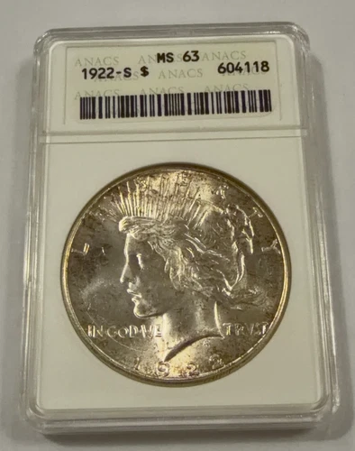 1922-S Peace Silver Dollar BU ANACS MS63 in Old Soapbox Holder #604118