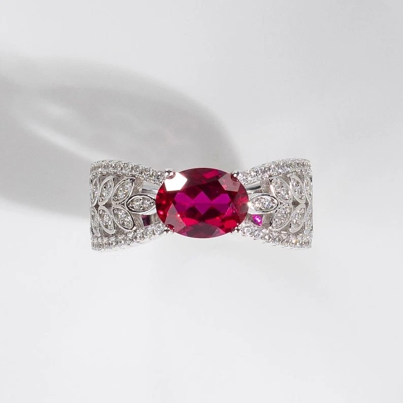 Lab Grown Ruby 14k Polish Vintage Women Jewelry Ring Weeding Gift - Image 3 of 3