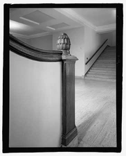 28. Interior detail view of newel post, south stairwell in main lobby, view