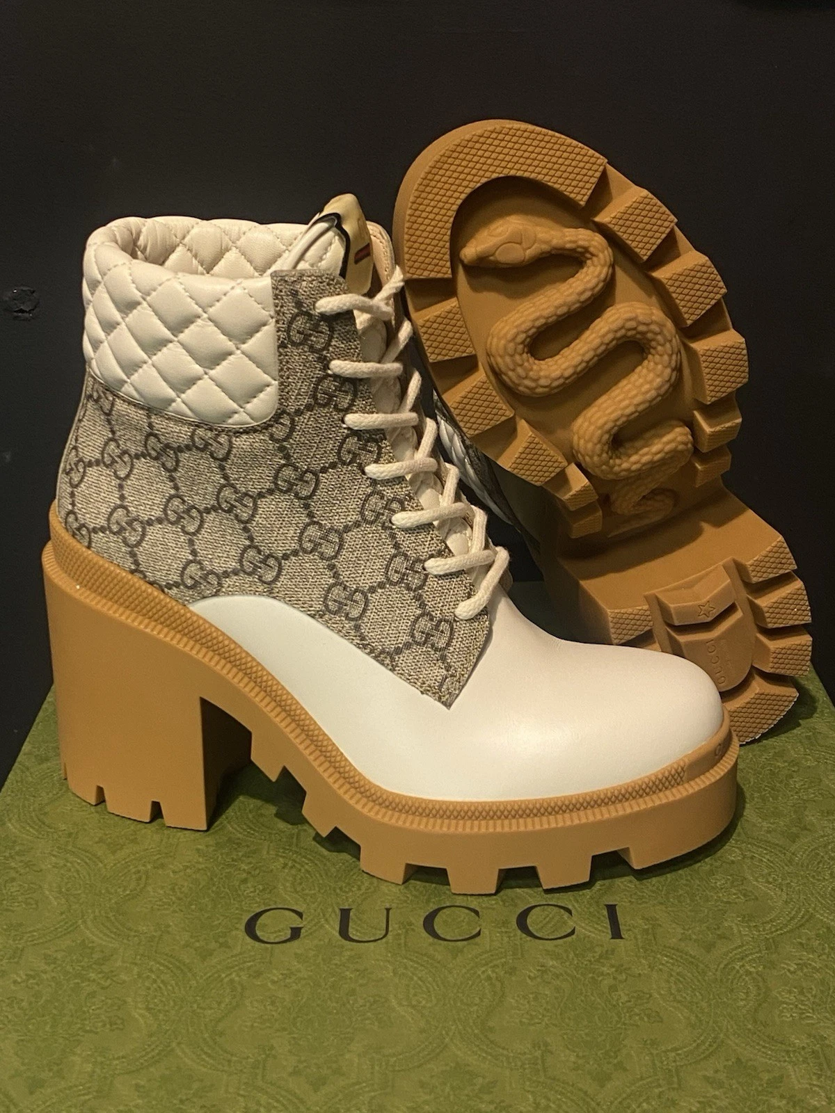 Bottes Gucci femme GG Supreme cuir beige 8 US (os) neuves dans leur boîte