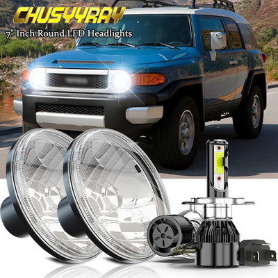 PAIR 7'' ROUND H6024/H6017 H4 CONVERSION HEADLIGHT + H4 LED WHITE BULBS HL7LF