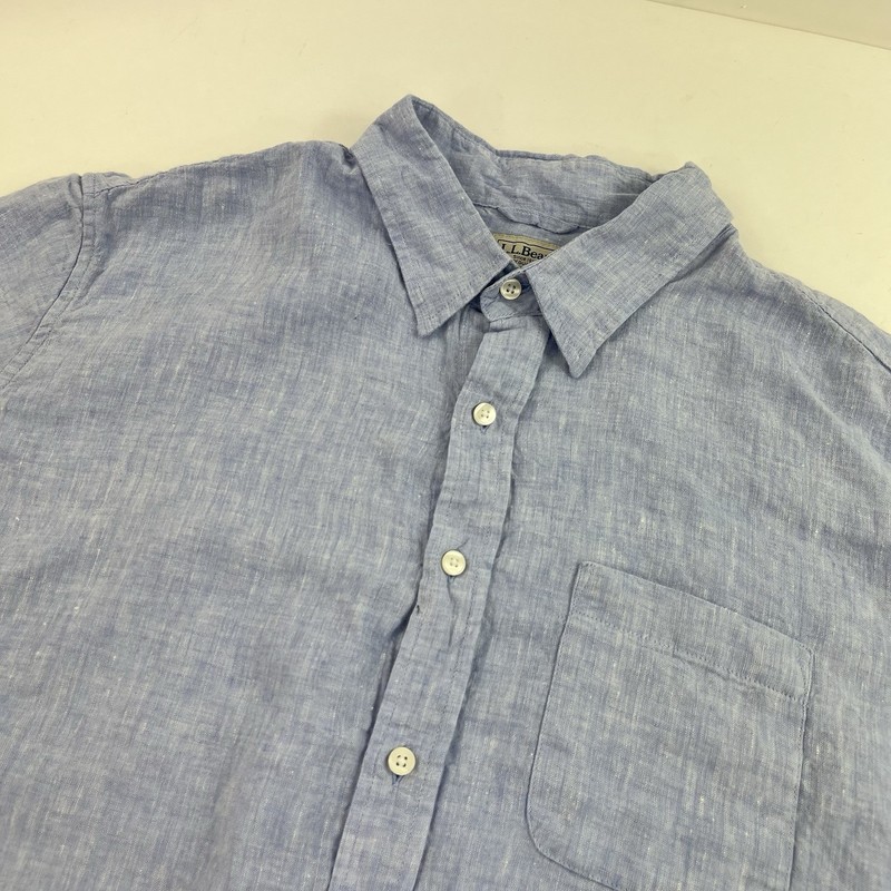 LL Bean 100% Linen Blue Slightly Fitted Button Down Shirt Short Sleeve XL TALL