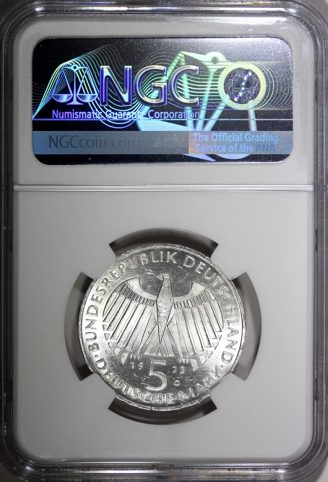 ALEMANIA Plata 1973 G 5 Mark Frankfurt Asamblea Nacional NGC MS63 KM#137 (031) Foto 3 de 4