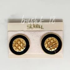 ST. JOHN Vintage 80s Black Enamel & Gold Tone Cross Hatch Clip On Earrings