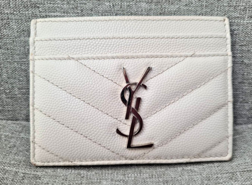 Saint Laurent YSL Cassandre Card Holder White Grained Leather Chevron Quilted
