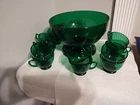 Vintage Anchor Hocking Emerald Green Punch Bowl Set With Base and 12 Cups