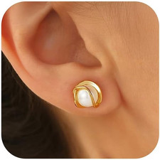 Gold Pearl Earrings for Women Trendy - 14K Gold Plated Hypoallergenic Pearl Stud