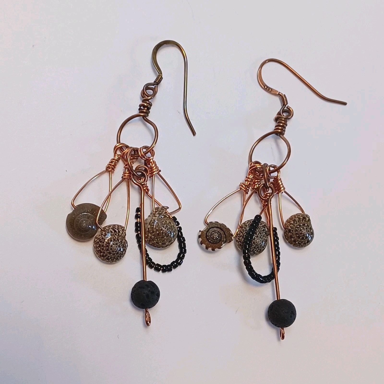 Shell Lava Stone Handmade Beaded Dangle Drop Earr… - image 1