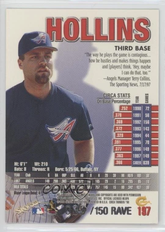 1998 Skybox Circa Thunder Rave /150 Dave Hollins #197 - Image 2 of 2